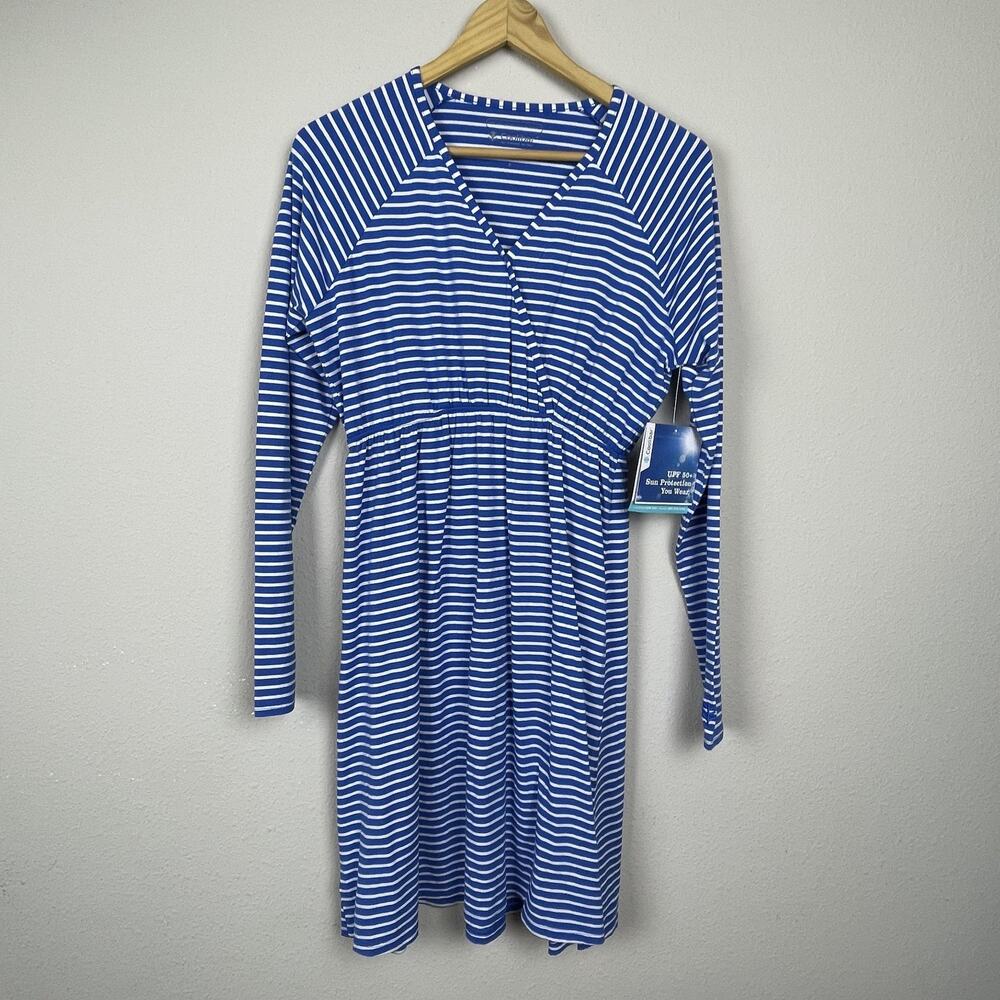 Coolibar UPF 50+ Striped Dress Size S Blue White V-Neck Long Sleeve Outdoor